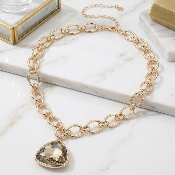 Inez - Faceted Gem Pendant Oval Link Chain Necklace