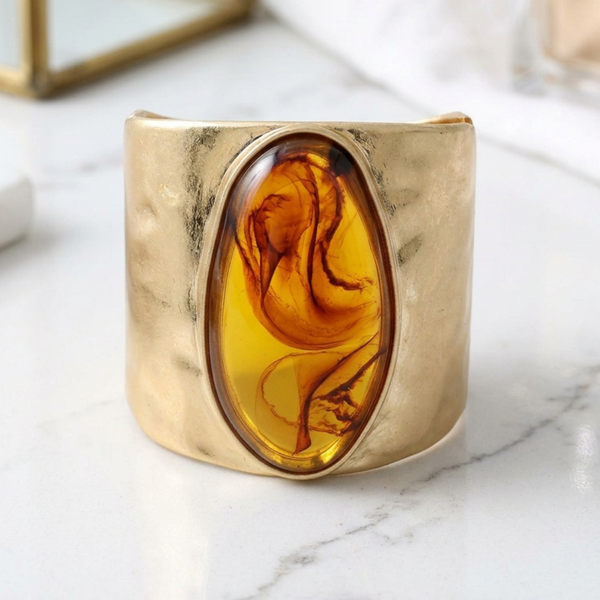 Sonya - Stone Accent Hammered Metal Hinged Bangle Statement Bracelet