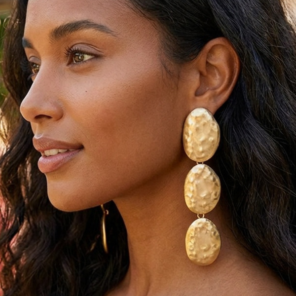 Katana - Oversized Hammered Metal Triple Oval Drop Earrings