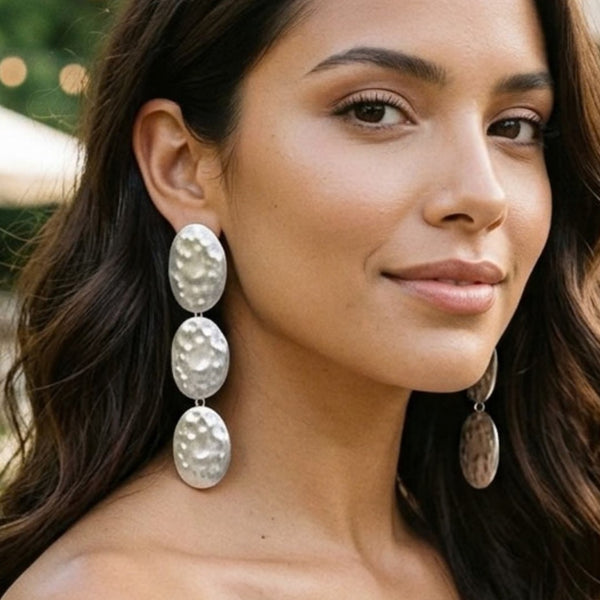 Katana - Oversized Hammered Metal Triple Oval Drop Earrings