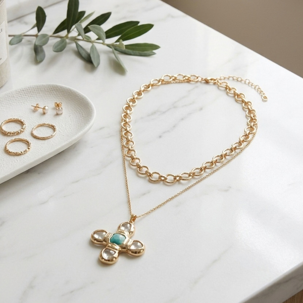 Aida - Turquoise Pearl Cross Pendant Layered Necklace