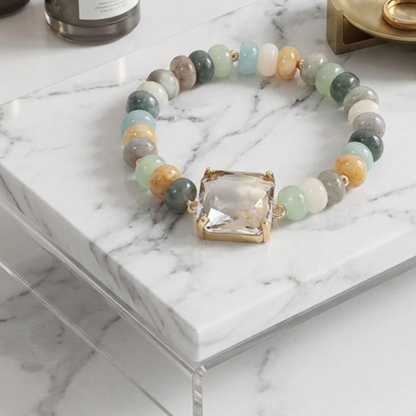 Ivey - Square Gem Charm Beaded Stretchable Bracelet