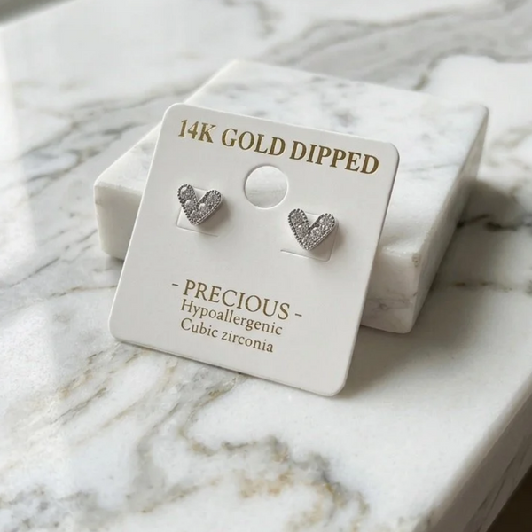 Amalie - Gold Dipped Cubic Zirconia Pave Heart Stud Earrings