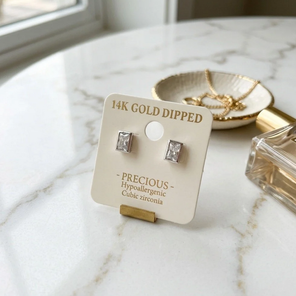 Seine - 14K Gold Dipped Cubic Zirconia Retangular Stud Earrings